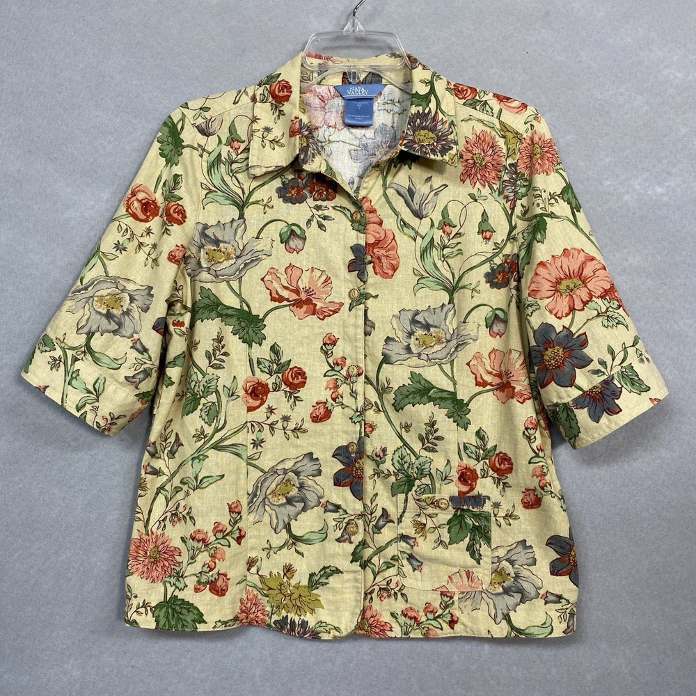 Napa Valley Womens S Button Down Shirt Tan Floral Linen Blend Boho Resort Wear